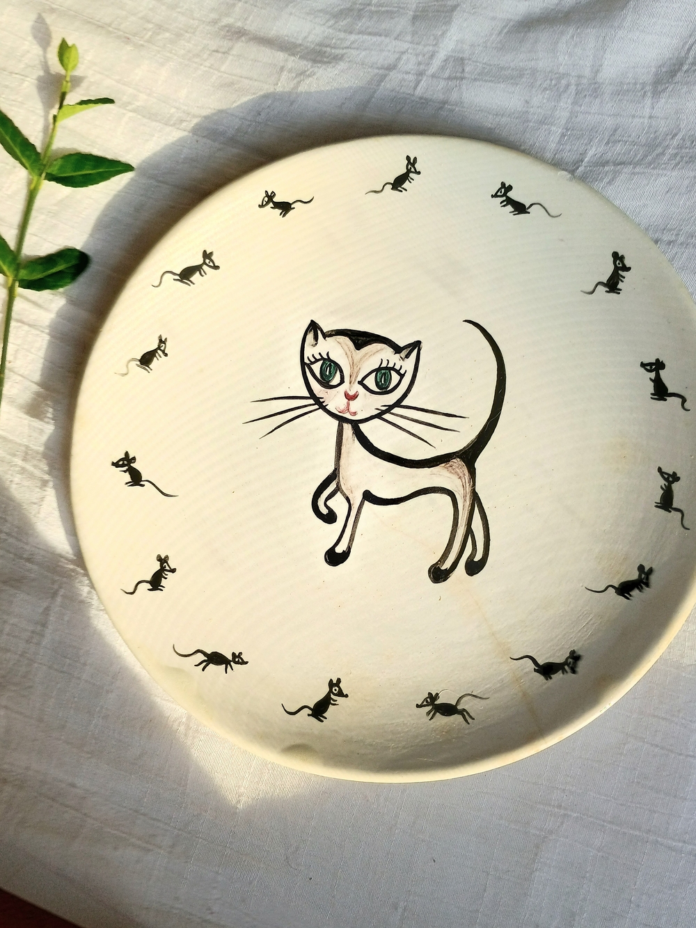 Whimsical Cat Decorative Plate in White and Black